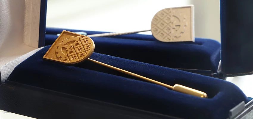 Eine Ehrennadel der Stadt Glinde in Gold ist eine Darstellung des Wappens.