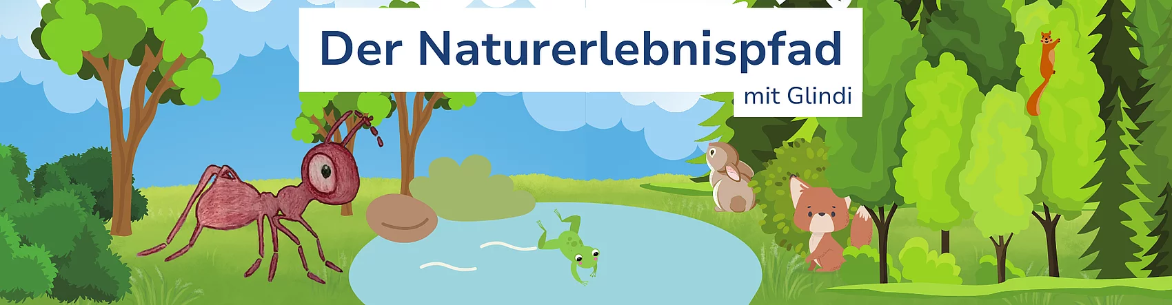 Zeichnung einer Ameise, die an einem Teich in der Nähe eines Waldes mit Tieren sitzt.