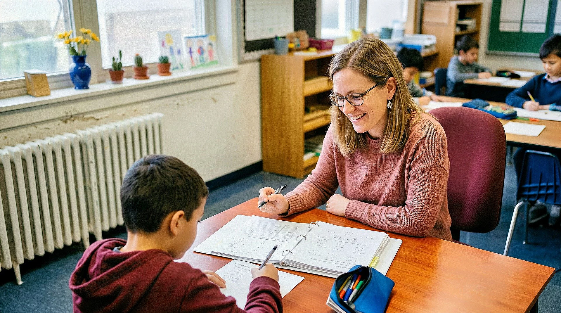 Eine Frau hilft einem Jungen bei den Hausaufgaben in der Schule.