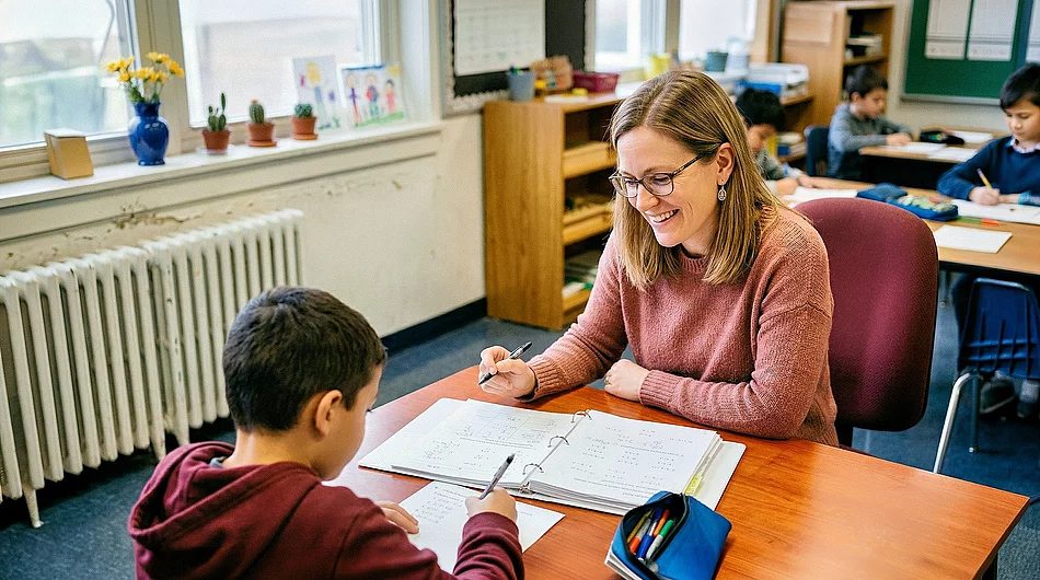 Eine Frau hilft einem Jungen bei den Hausaufgaben in der Schule.