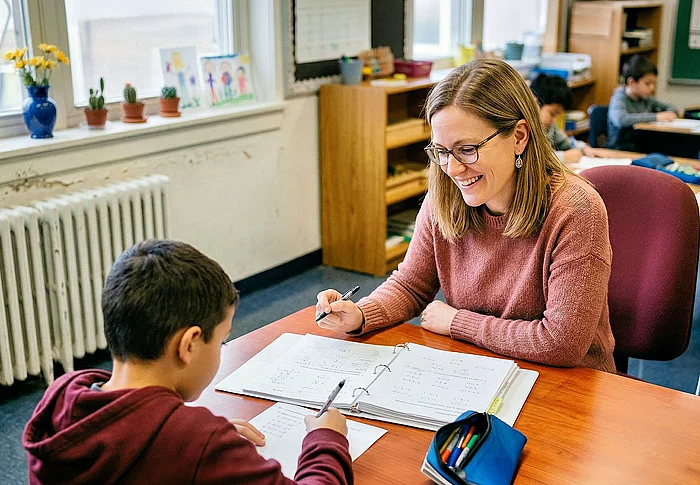 Eine Frau hilft einem Jungen bei den Hausaufgaben in der Schule.