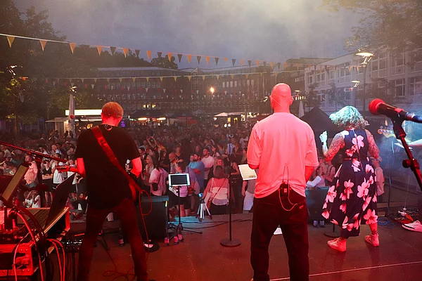 Musiker von hinten mit Blick ins Publikum. 