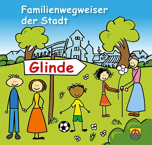 Eine Zeichnung, auf der Kinder und Erwachsene in sehr einfachem Stil zu erkennen sind. Im Hintergrund eine Stadt.