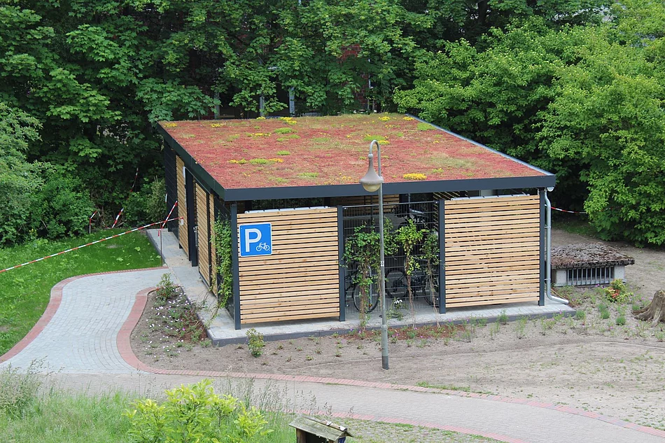 Der neue Fahrradunterstand hat Wände aus hellen Holzlatten die horizontal angebracht sind. Das Dach ist bepflanzt.