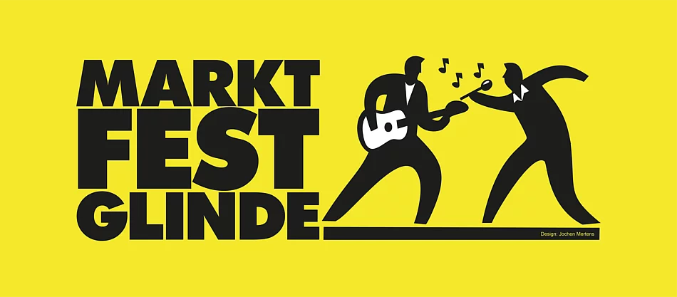 Marktfest Glinde Logo Auf einer gelben Fläche steht Marktfest Glinde, auf rechten Seite sind zwei Figuren die Musik machen