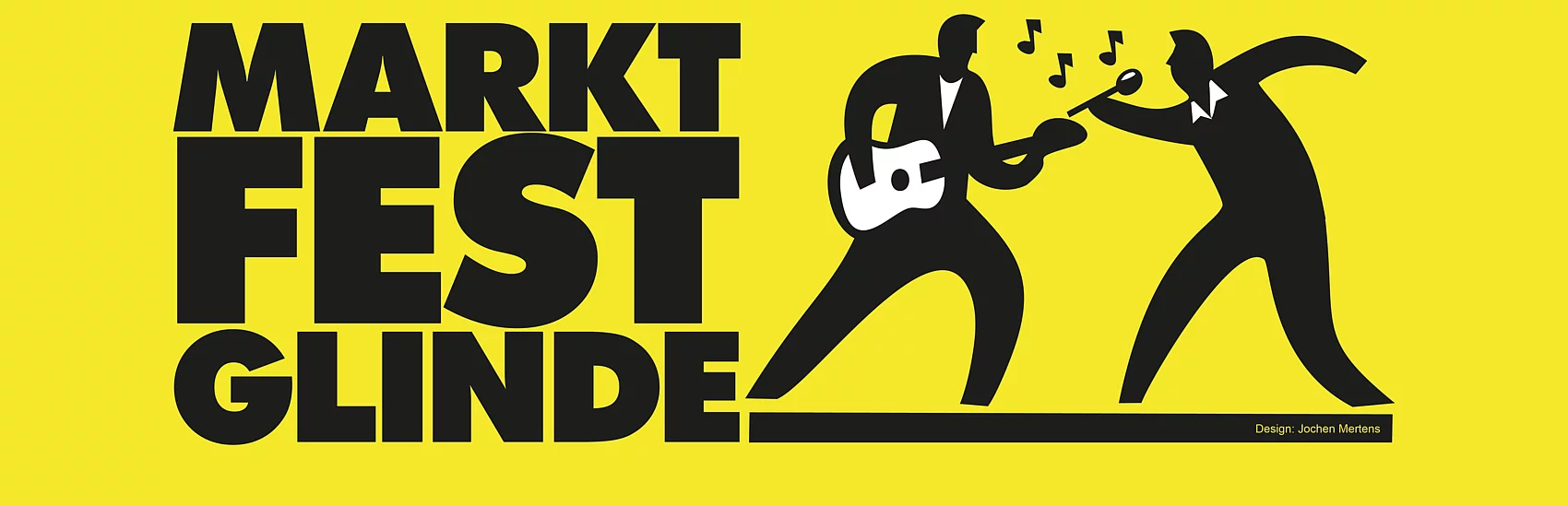 Auf einer gelben Fläche steht Marktfest Glinde, auf rechten Seite sind zwei Figuren die Musik machen