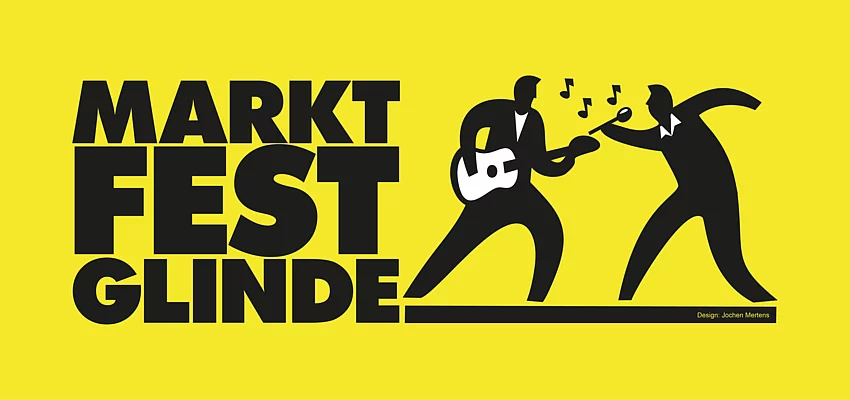 Auf einer gelben Fläche steht Marktfest Glinde, auf rechten Seite sind zwei Figuren die Musik machen