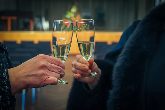 Zwei Hände mit Sektglas stoßen an.