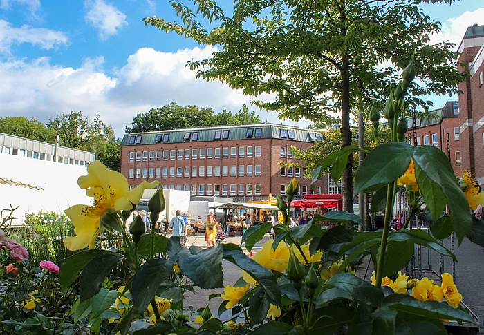 Blumen, Obst, Gemüse, Fisch, Kleidung und viele Leckereien warten auf dem Glinder Wochenmarkt. Foto: Stadt Glinde