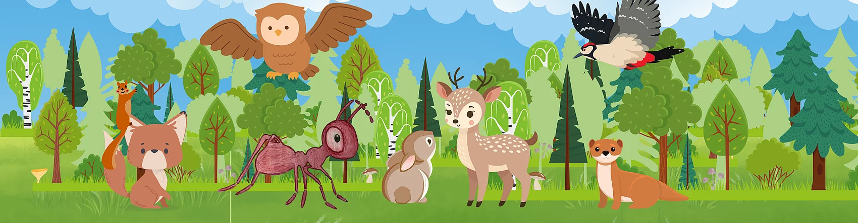 Zeichnung von Fuchs, Eule, Hase, Reh und Specht im Wald.