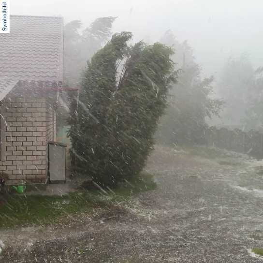 Starkregen vor einem Haus, Bäume biegen sich im Sturm.