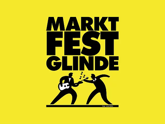 Auf gelben Grund steht MARKTFEST Glinde mit zwei Musikerfiguren
