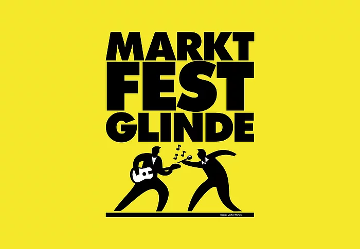 Auf gelben Grund steht MARKTFEST Glinde mit zwei Musikerfiguren