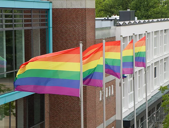 Regenbogenfahnen wehen vor dem Bürgerhaus in Glinde.