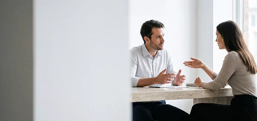 Ein Mann und eine Frau sitzen an einem Tisch und unterhalten sich.