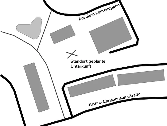 Karte des Standortes einer geplanten Unterkunft für Geflüchtete "Am alten Lokschuppen"