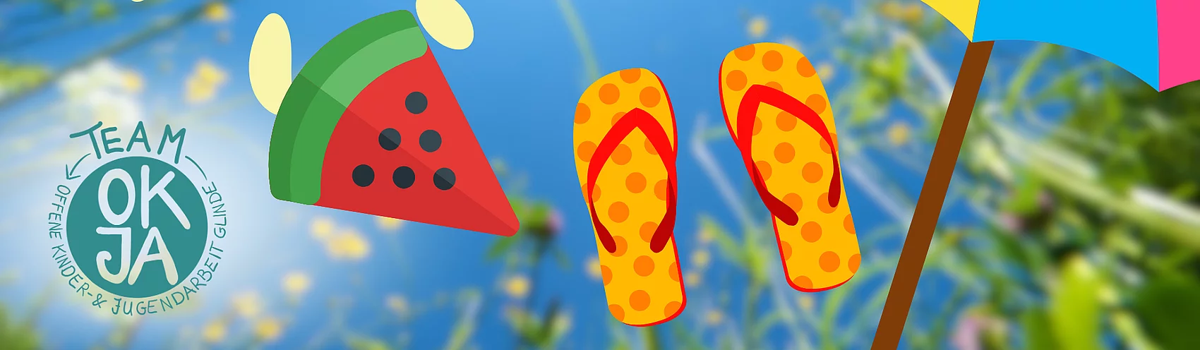 Ein sommerliches Motiv mit Wassermelone, Sonnenschirm, FlipFlops und einer Sonne.