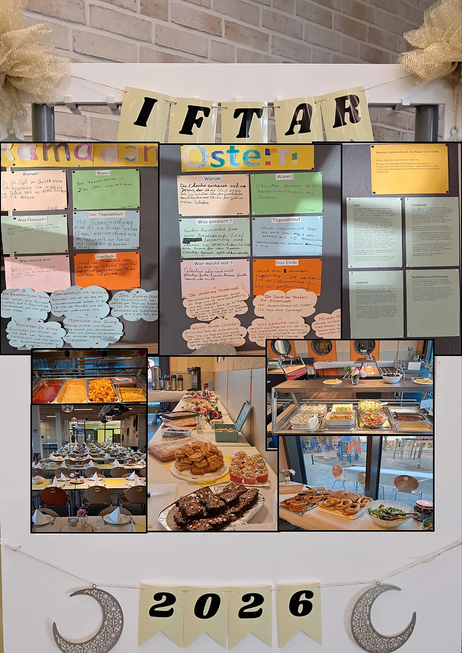 Auf einer Fotocollage sind Infotafeln zu Ostern und Ramadan sowie Gerichte zu sehen.