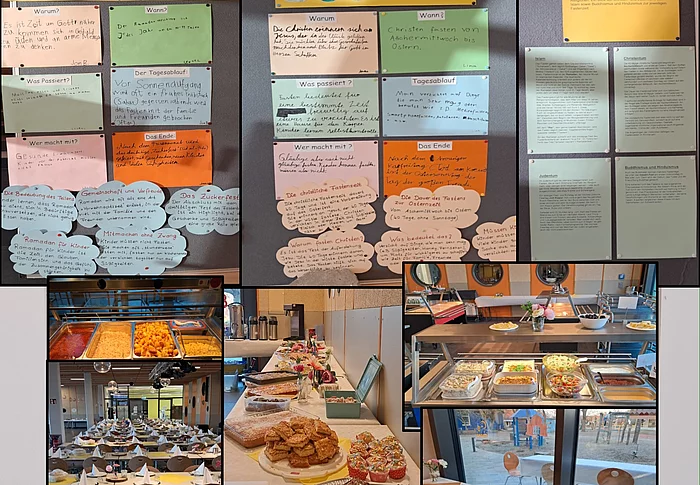 Auf einer Fotocollage sind Infotafeln zu Ostern und Ramadan sowie Gerichte zu sehen.