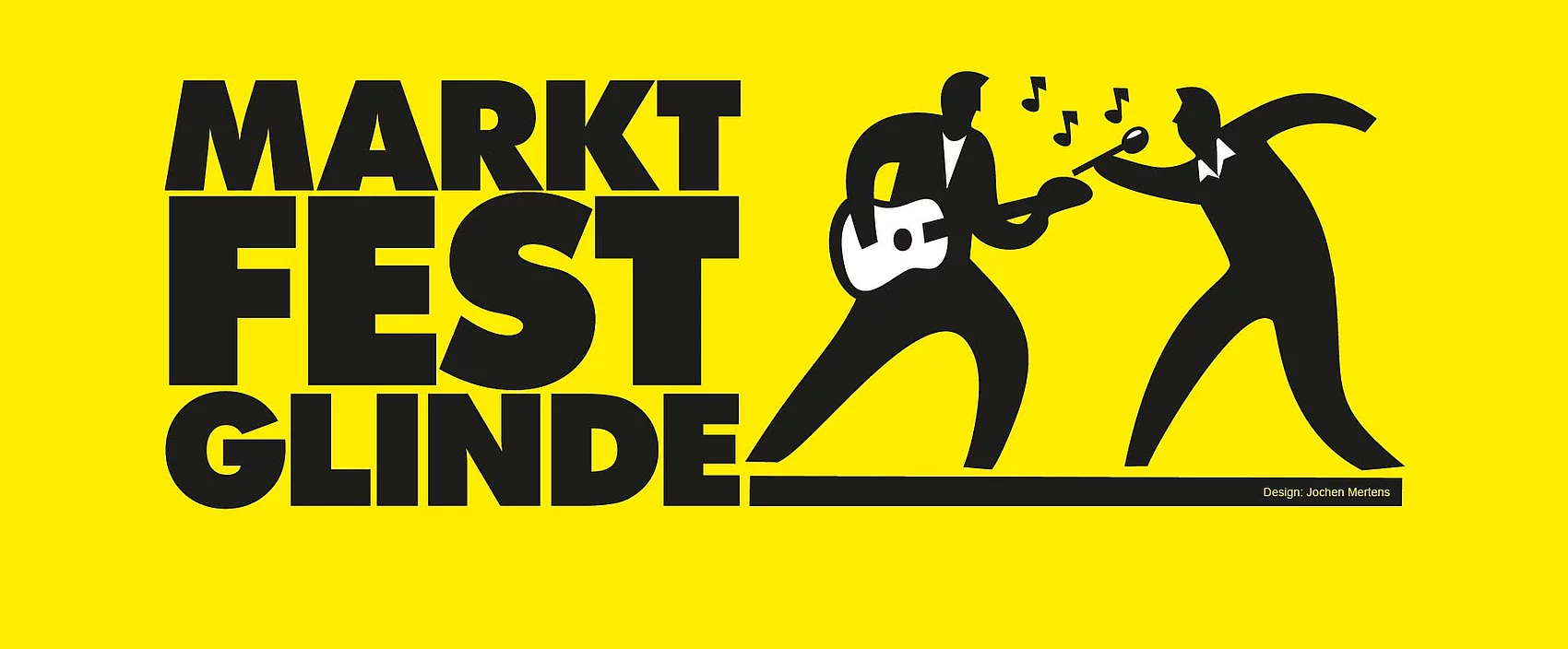 Auf einer gelben Fläche steht Marktfest Glinde, auf rechten Seite sind zwei Figuren die Musik machen
