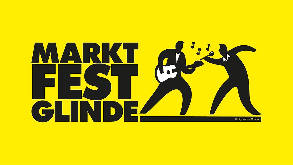 Marktfest Glinde Logo Auf einer gelben Fläche steht Marktfest Glinde, auf rechten Seite sind zwei Figuren die Musik machen