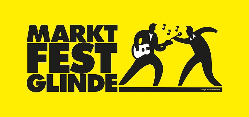 Auf einer gelben Fläche steht Marktfest Glinde, auf rechten Seite sind zwei Figuren die Musik machen