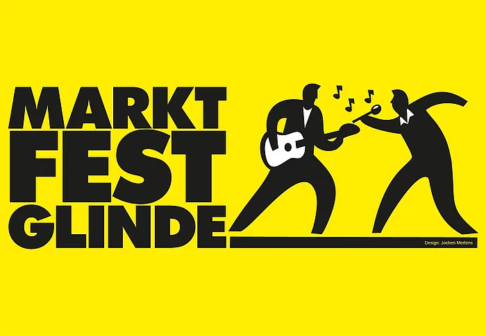 Auf einer gelben Fläche steht Marktfest Glinde, auf rechten Seite sind zwei Figuren die Musik machen