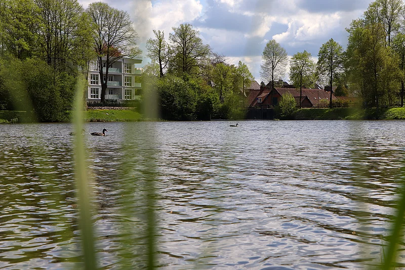 Blick über den Mühlenteich zu Kupfermühle und weißer Villa.