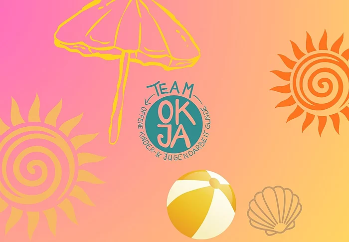 Auf einem bunten Hintergrund sind Sonnen, ein Regenschirm und ein Ball zu sehen.